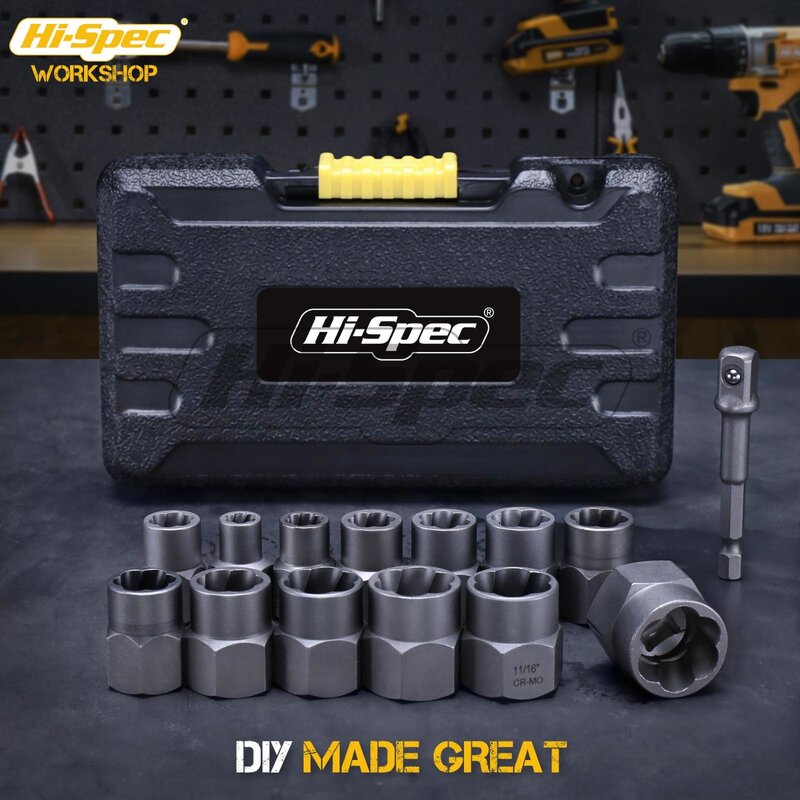 Hi-Spec-Damaged Impact Socket Tool Set, 14 Pcs, Removedor, Parafuso, Porca, Remoção, 3/8 ", Soquete de Driver Quadrado, 19mm, 17mm, 11mm