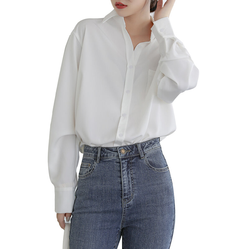 Chemise à manches longues pour femmes, couleur unie, avec poches, Vintage, haut professionnel OL