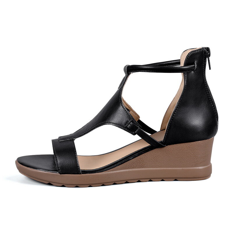 Sandalias de verano para Mujer, tacones medios zapatos de Mujer de cuña, Sandalias de talla grande de cuero PU Vintage, zapato femenino 2020 nuevo