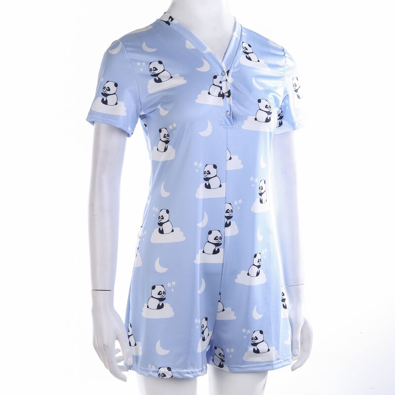 Weibliche Kurzarm Gedruckt Hause Kleidung Nachtwäsche Floral Print V-ausschnitt Overall Neue Body Pyjamas für Mädchen