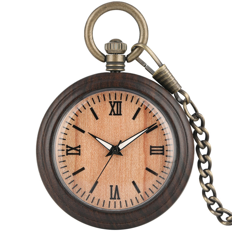 Clássico ébano relógio de bolso de madeira numerais romanos dial relógios de bolso bronze pingente corrente unisex presentes