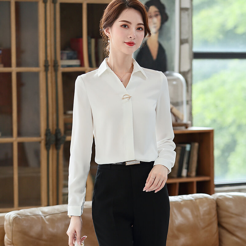 Lenshin-camisas de tela de satén para mujer, blusa elegante con cuello vuelto, ropa de trabajo para oficina, Tops holgados