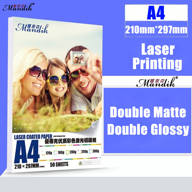 A4 Double Sides Glossy ou Matte Impressão a Laser Papel fotográfico, alta qualidade, 120g, 160g, 200g, 250g, 300g