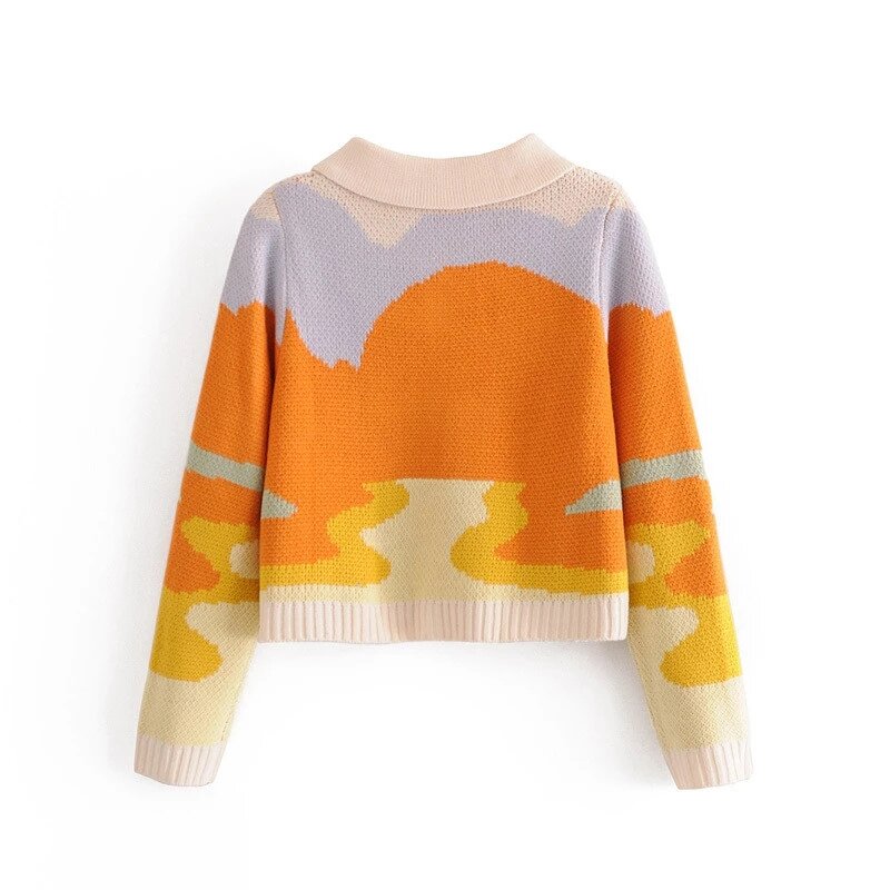 Women Autumn Vintage French Style Sunshine Printing Short Strick Pullover Chic Dame Fashion Series