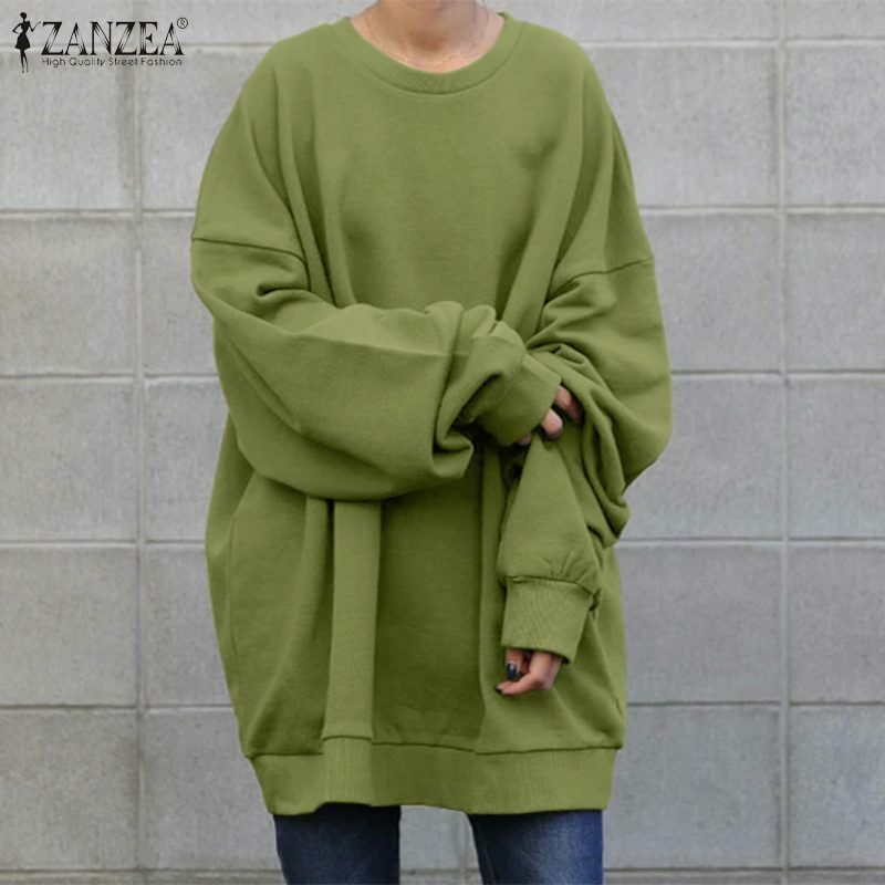 ZANZEA-Sudadera de manga larga para mujer, suéter holgado de color liso, ropa de calle informal, Otoño e Invierno