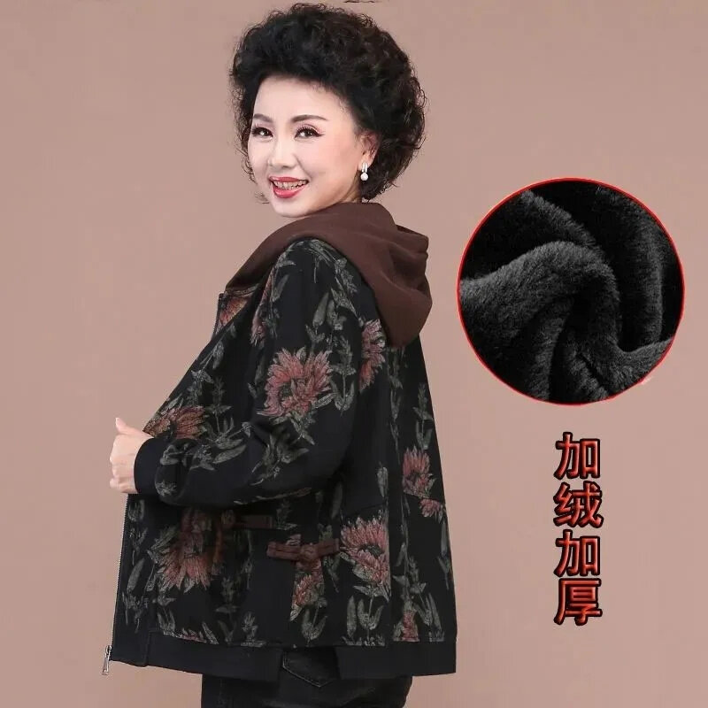 2022 New Print Jacket Mother's Middle-Aged Elderly Mother's Autumn Windbreaker Winter Velvet Warm Coat With Hooded 5XL L6