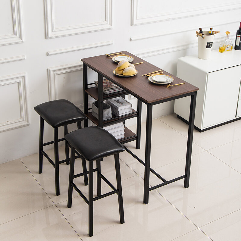 Ensemble de Table de Bar en PVC, Grain de bois, cadre à trois couches, sac souple, tabouret de Bar (une Table et deux tabourets)