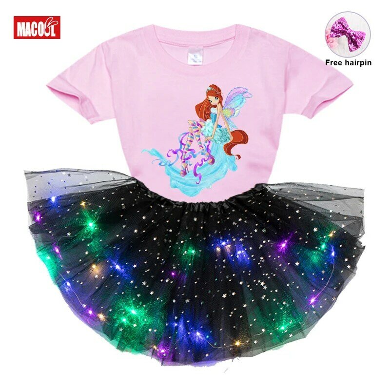 Conjuntos de ropa para niñas, camiseta de manga corta con estampado de mariposa, falda y horquilla, 3 piezas