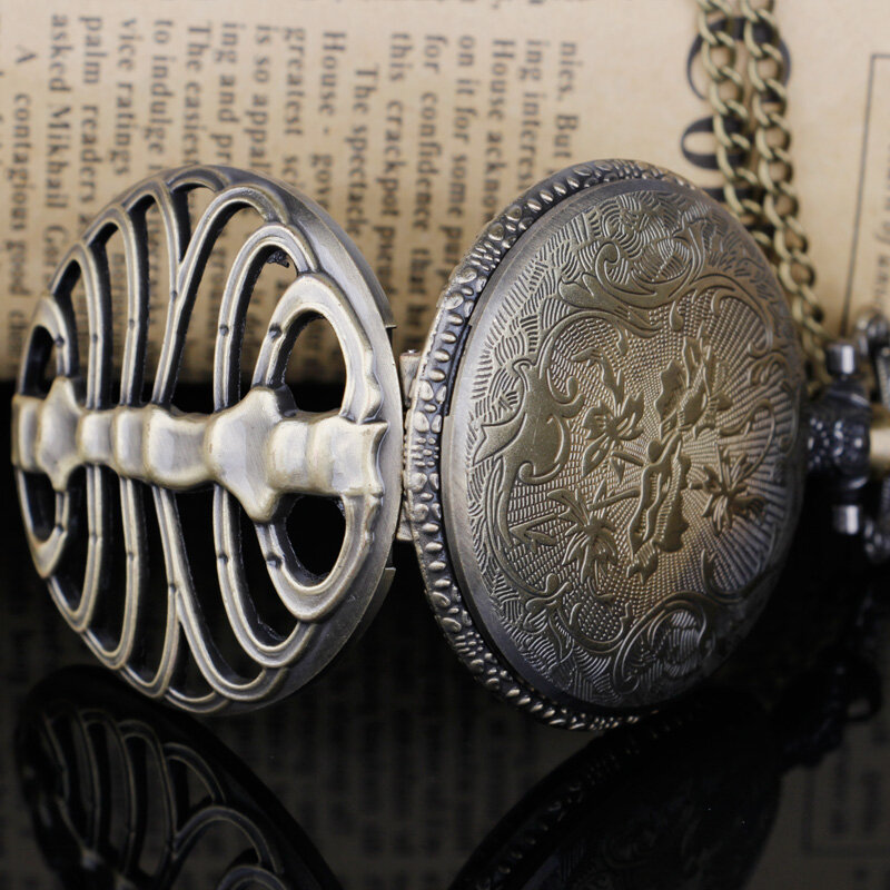Мужские карманные часы с ребрами позвоночника, полый дизайн, бронзовый циферблат, белый циферблат, цепочка-брелок, кварцевые карманные часы