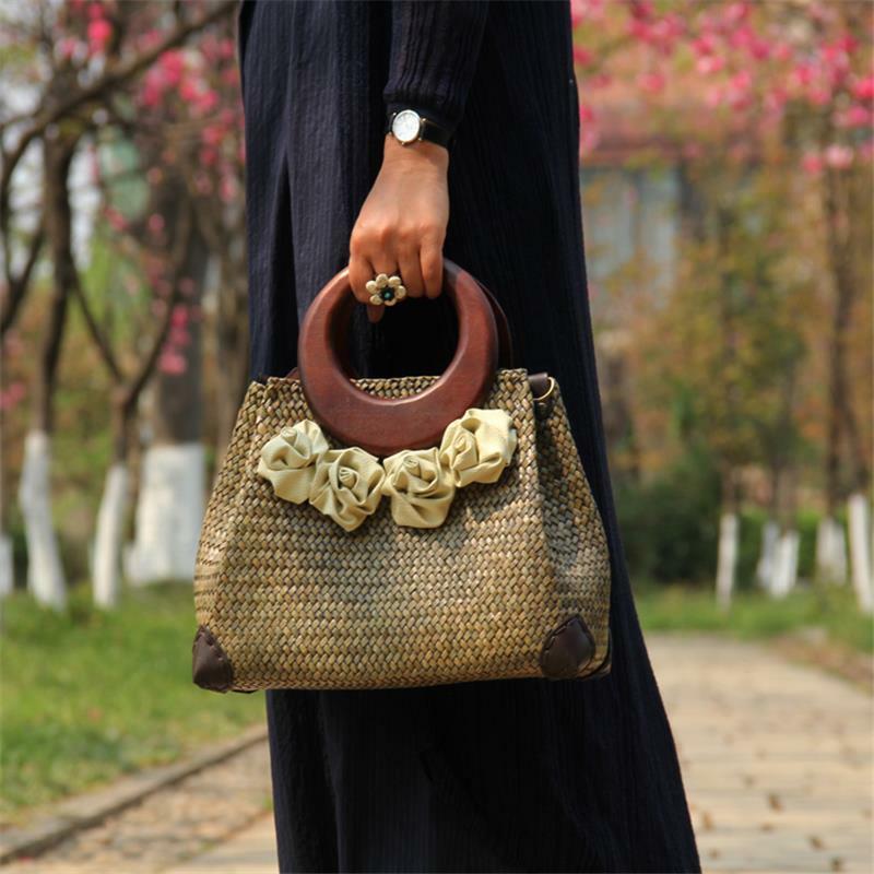 Bolsa de mão estilo tailandês palha 32x21cm, bolsa de ombro mensageiro, cor vintage, bolsa de mão, couro pu, artesanal, flores, a6105
