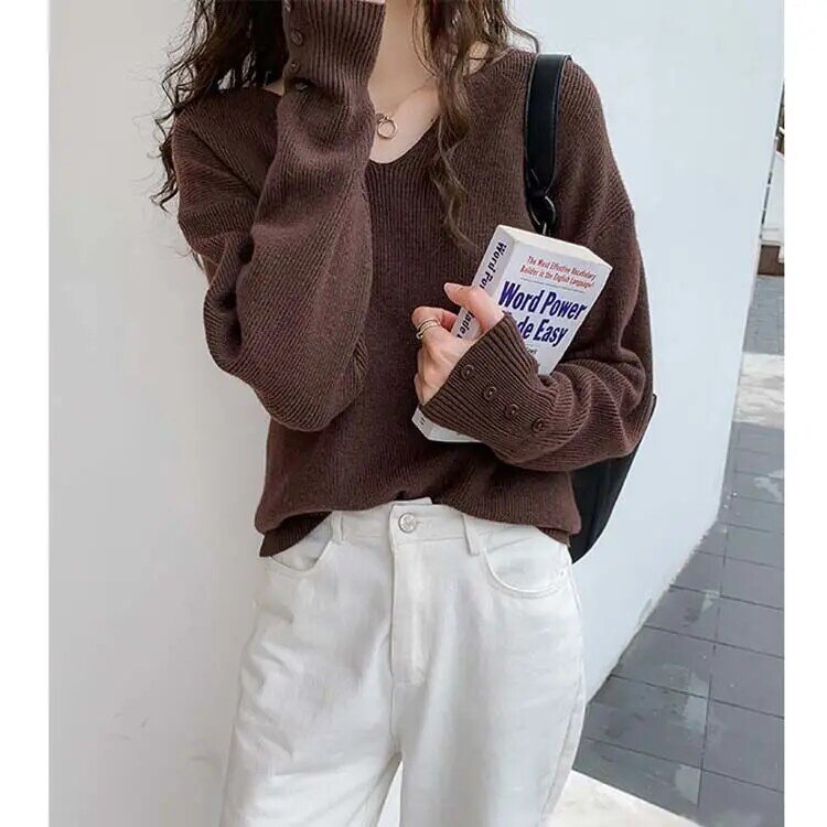 Women's V-neck sweater new Korean style loose pullover warm sweater all-match long sleeve soft base shirt