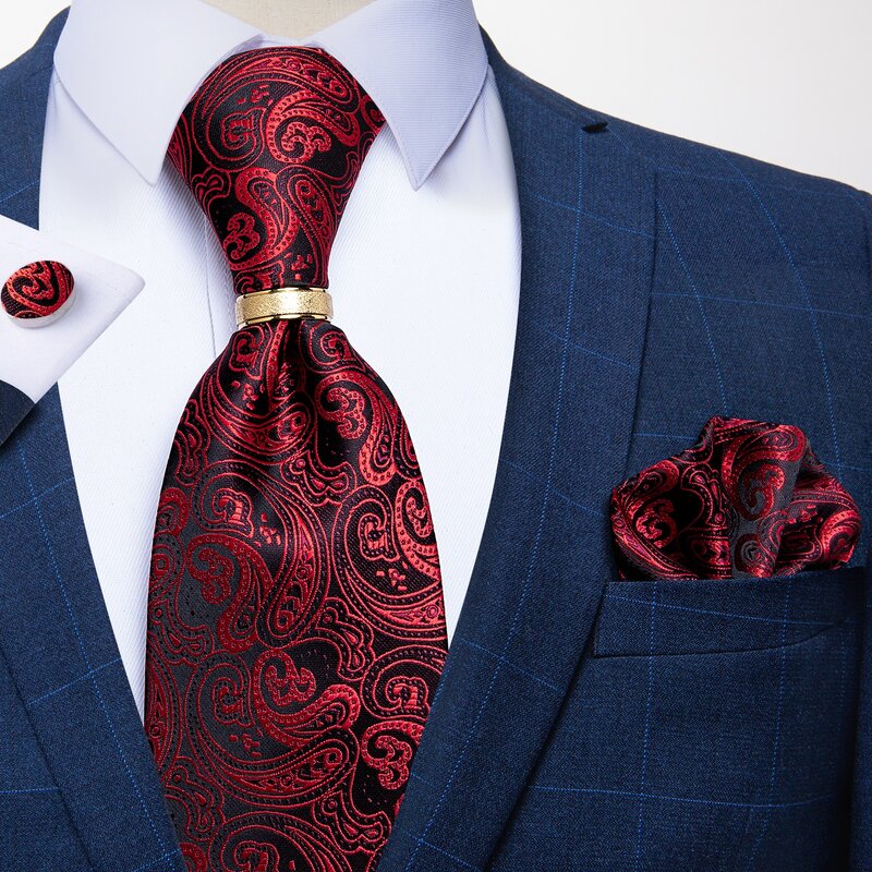 Corbata de seda de Cachemira para hombre, conjunto de anillo cuadrado de bolsillo para boda, negocios, fiesta, regalo, DiBanGu, color rojo, nuevo diseñador
