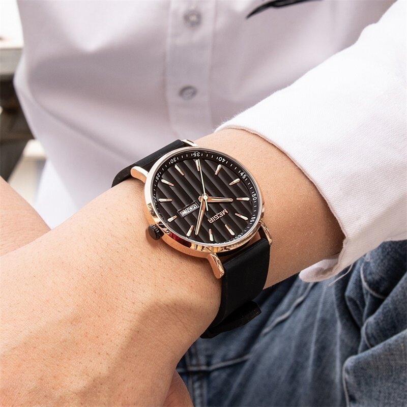 Relógio masculino megir ultra fino quartzo, à prova d'água pulseira de silicone casual esportivo