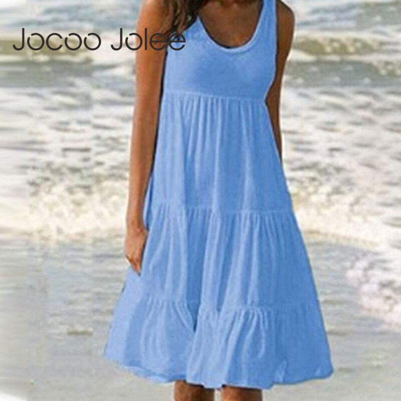 Jocoo Jolee-Mini vestido sem mangas para mulheres, vestido de verão Boho Beach, O Neck, Solto, Tamanho grande, Monocromático, Verão, 2023