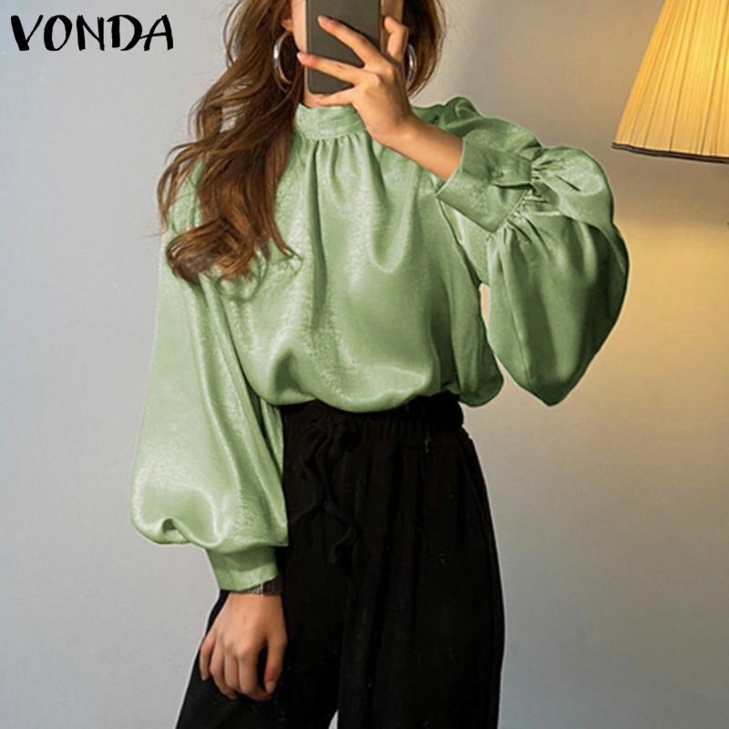 VONDA-Blusa de chifón para mujer, camisa de manga larga con cuello simulado, plisada, Sexy, para oficina, 2023