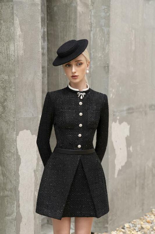 Vestido de princesa Tweed para mulher, Little Black, leve, luxo, semi-formal, plus size, alfaiate, outono, inverno