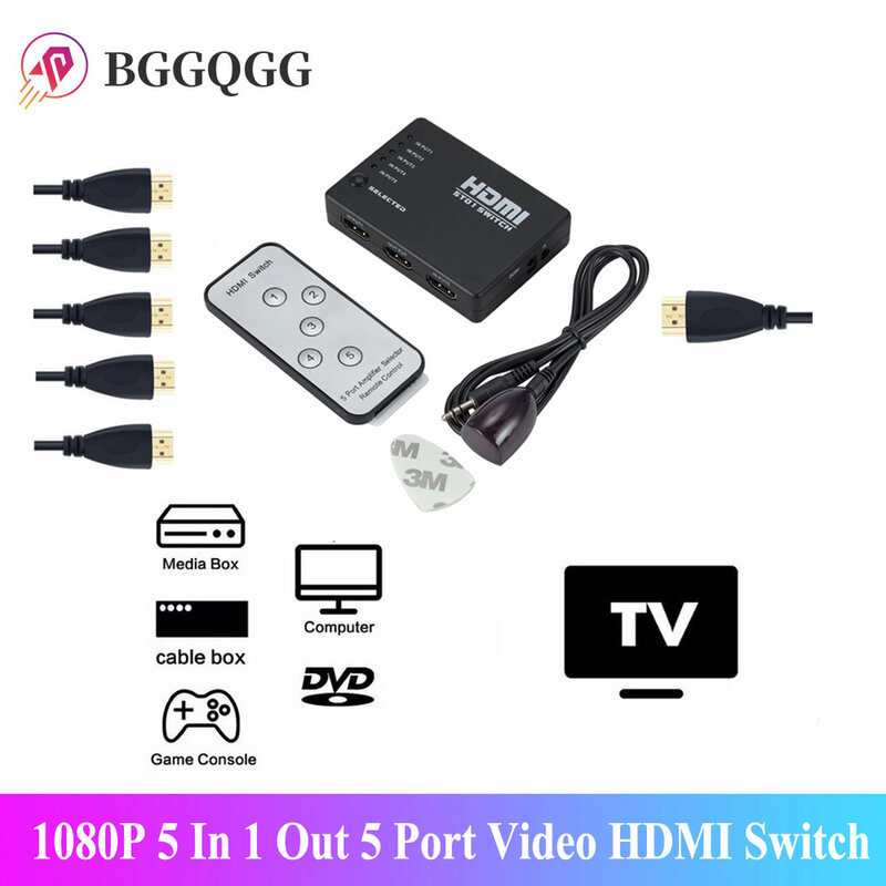 Bggqgg 5 porto 1080p 5 em 1 para fora vídeo hdmi switch selector caixa de interruptor divisor hub ir remoto para hdtv ps3 dvd adaptador de cartão de memória