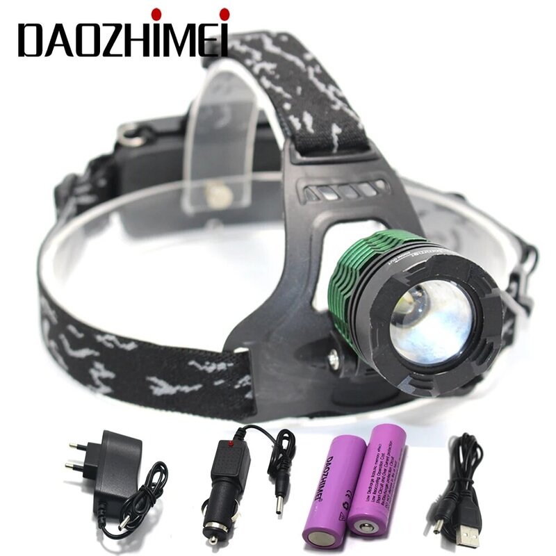 Linterna de cabeza LED XM-L T6 de 5000 lúmenes, linterna de caza con 3 modos de ZOOM para exteriores, linterna de cabeza LED de alta potencia + USB