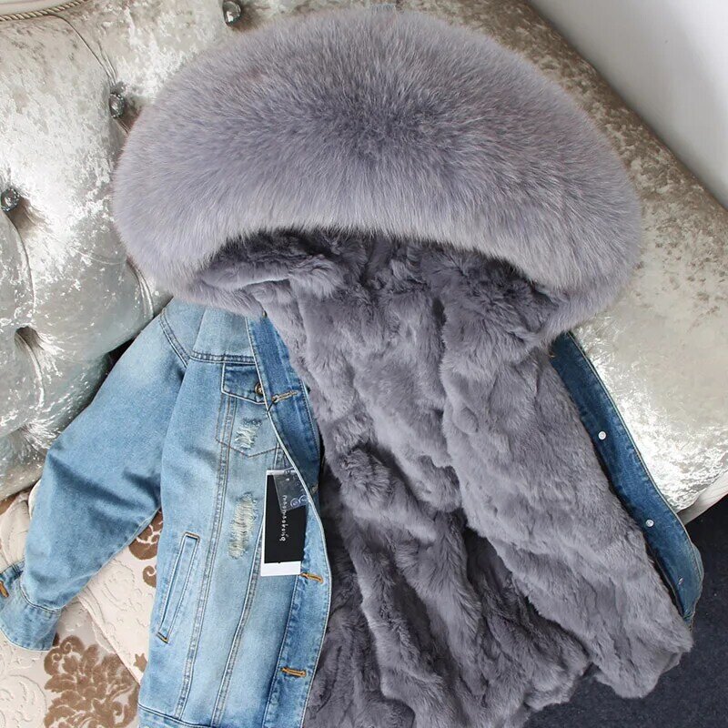 Natural guaxinim gola de pele grande denim jaqueta de pele qualidade coelho forrado casaco quente moda feminina roupas rua