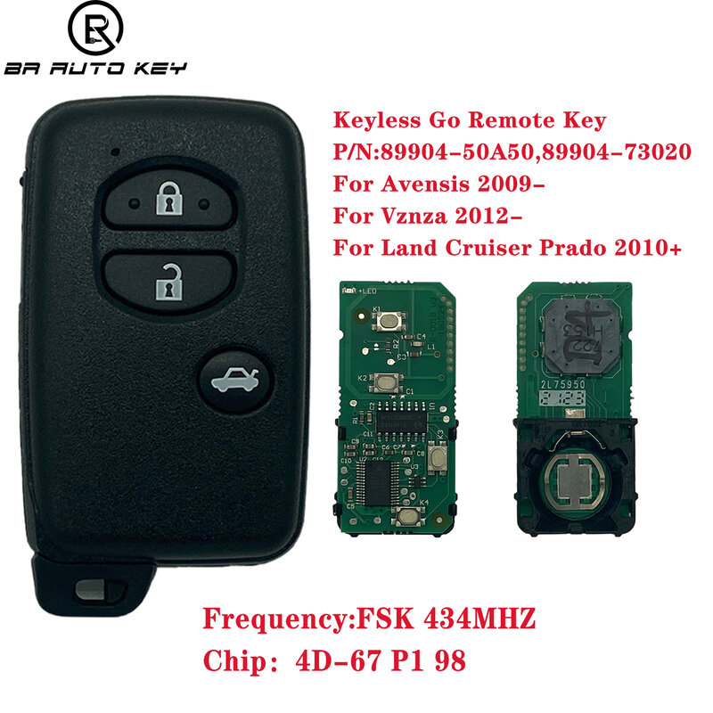 Mando a distancia inteligente Go sin llave, 3 botones, para Toyota Avensis Vznza 89904 + B74EA 73020 Mhz 4D-74 Chip FCCID 89904-60A50, 2010-434