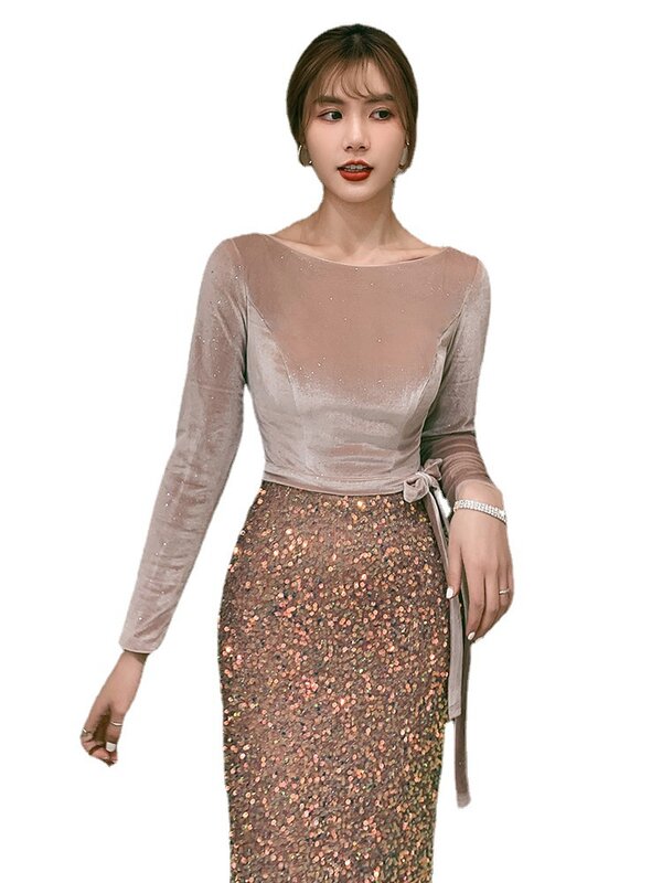 Женское сексуальное Клубное платье-труба с блестками и круглым вырезом, женское элегантное вечернее платье до пола с аппликацией, вязаным бисером
