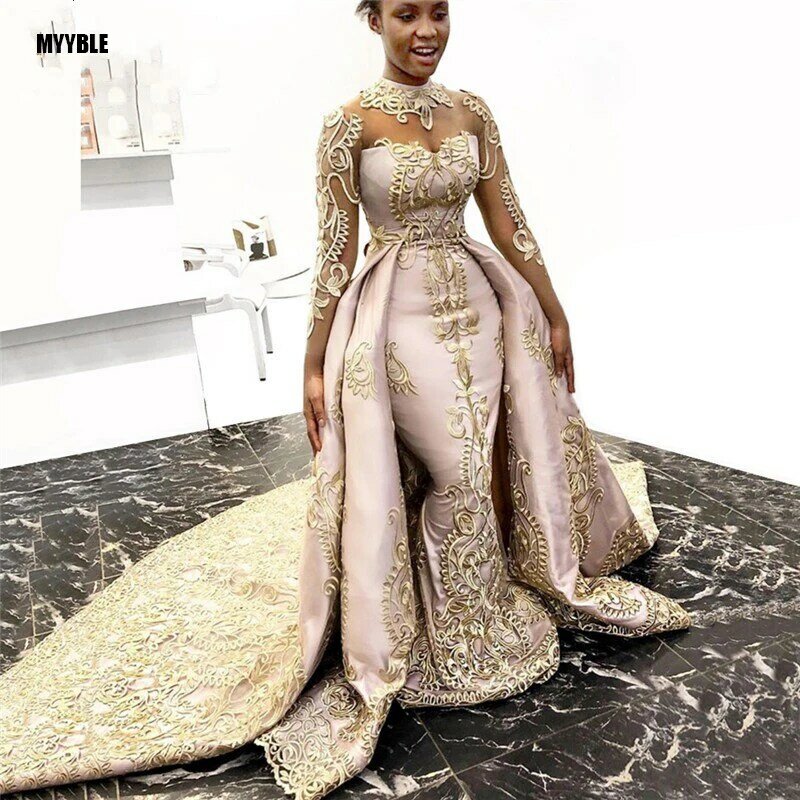 MYYBLE 2021 золотистые кружевные платья из двух предметов, длинные платья для выпускного вечера, вечерние платья с длинными рукавами