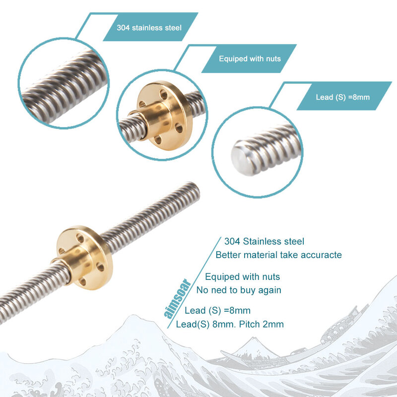 t8 lead screw 250mm 300mm 330mm 350mm 400mm 3d printer parts Thread 8mm Lead 2mm  stainless steel with brass nut