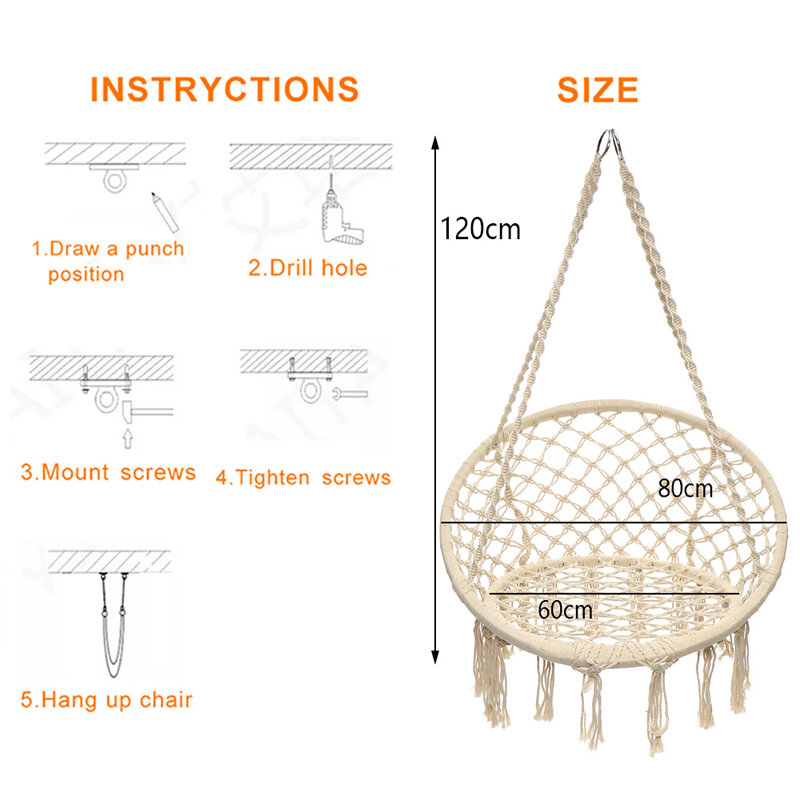 Cadeira de rede de algodão de malha para crianças, Swing Bed for Swinging, interior e exterior, Handmade, Camping, Metal Parts