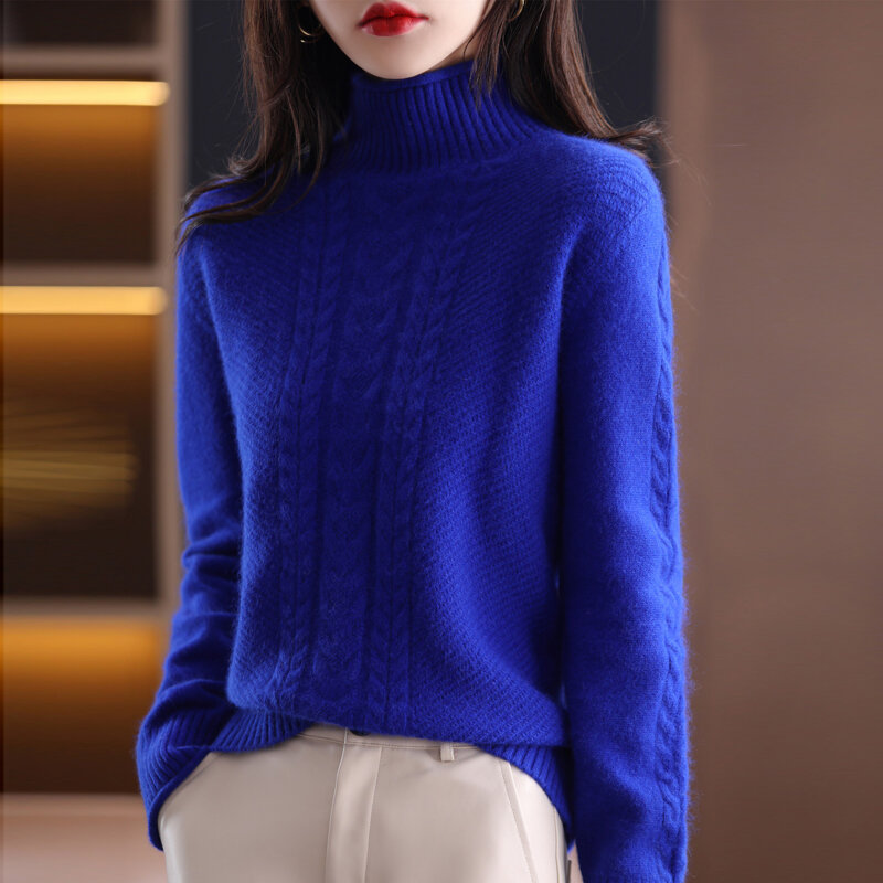 Camisola outono/inverno novo estilo metade alta pescoço feminino 100% pulôver de lã pura grosso solto coreano moda torção de malha camisa de fundo