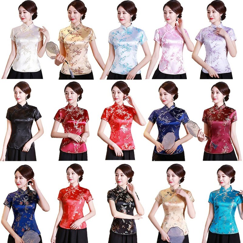 Женская атласная блузка, винтажная рубашка с цветочным принтом, традиционная китайская рубашка в стиле дракона, летняя, размера плюс, 3XL, 4XL, WS009