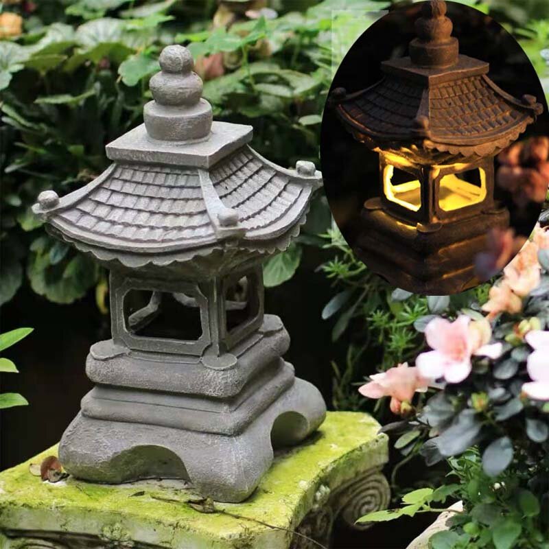Estilo japonês ourdoor resina criativa torre palácio solar lâmpada pátio jardim paisagem luz carga sob o sol brilho no escuro