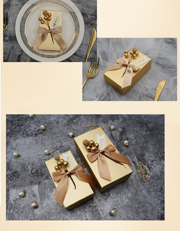 Caixas douradas retangular para presentes, 50 peças, lembranças de casamento, caixas de ouro