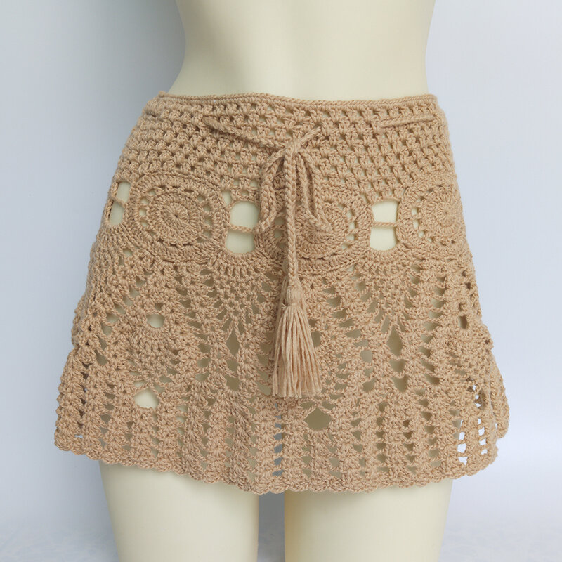 Falda de playa con borlas de ganchillo para mujer, traje de baño de algodón fundido, informal, de encaje transparente, 2021