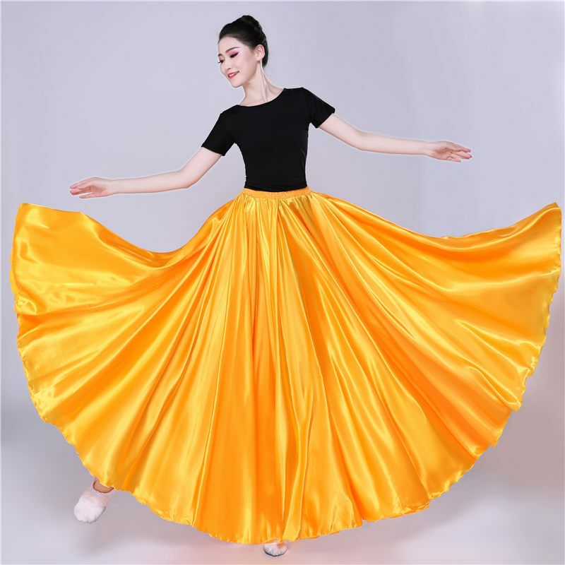 Falda larga de satén de 360 grados para mujer, ropa de práctica de bailarina Gitana, 15 colores surtidos, color morado y dorado liso