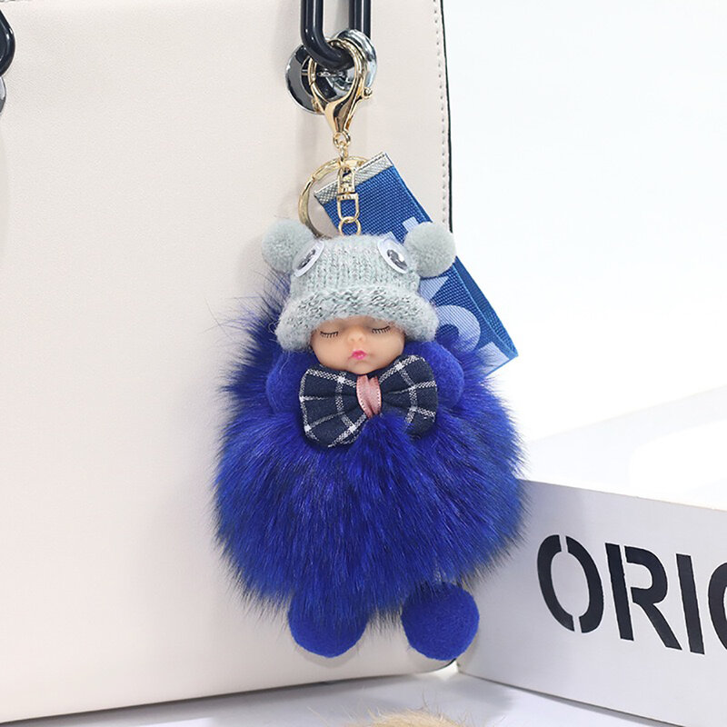 Fashion Colorful Sleeping Baby Doll Car Keychain Hanging Piece Hair Ball Bag Pendant Cute Fluffy Fur Pompom Key Ring Holder Toy