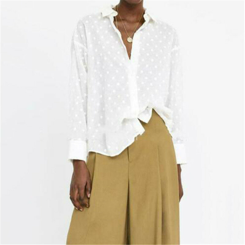 여성용 긴팔 상의 및 블라우스, 우아한 흰색 OL 셔츠, 폴카 도트 패션, 여성 스트리트웨어