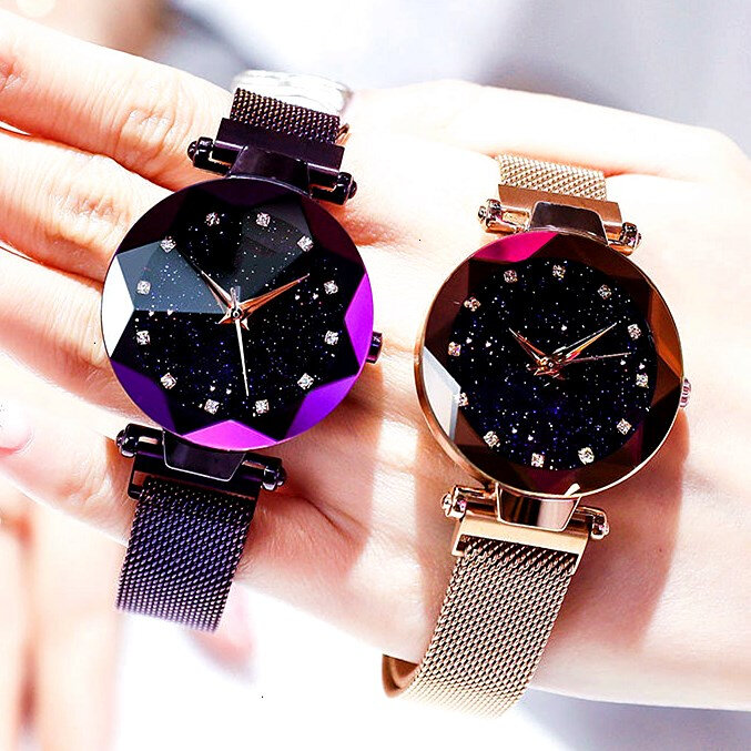 Heißer Verkauf Frauen Mesh-Magnet Schnalle Starry Sky Uhr Casual Luxury Frauen Geometrische Oberfläche Quarz Uhren Relogio Feminino