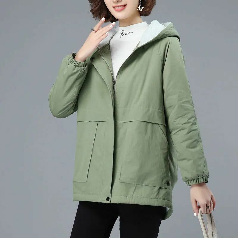 Mantel Parka bertudung untuk wanita, mantel Parka katun kasual beludru bertudung ukuran besar, jaket Parka hangat versi Korea musim dingin