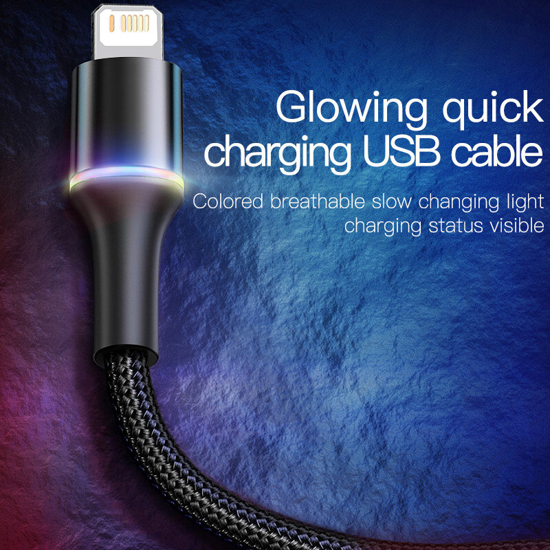 Baseus LED สาย USB สำหรับ iPhone 13 12 11 Pro Xs Max X Xr 8 7 6 Fast Charging Charger โทรศัพท์มือถือข้อมูลสายเคเบิลสำหรับ iPad สายไฟ