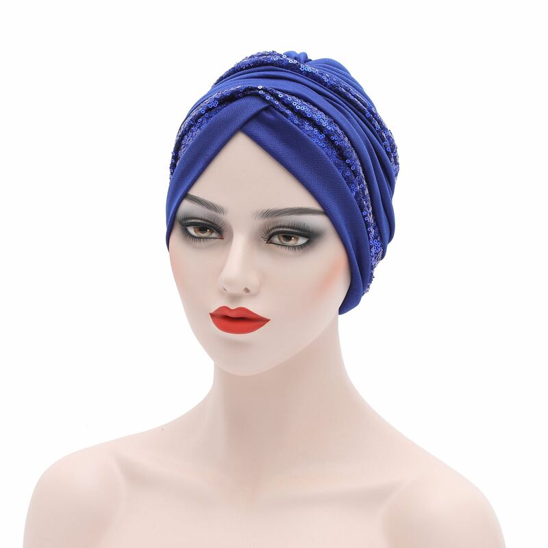 Sequins อินเดียอินเทรนด์ผู้หญิง Turban หมวกมุสลิม Headscarf Bonnet หญิงหัว Wraps Turbante Mujer