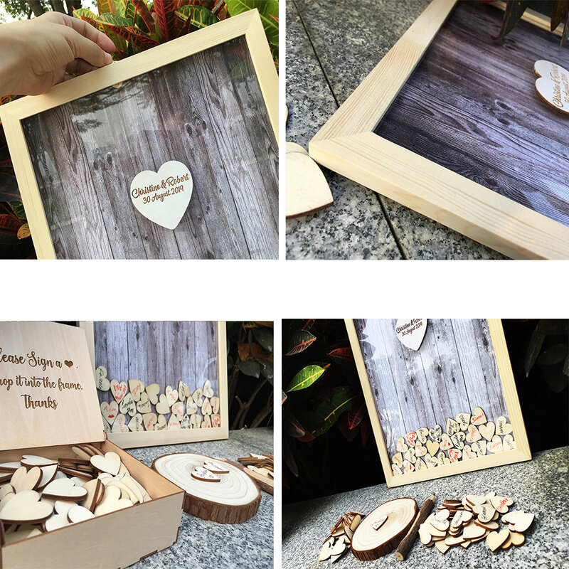 Livro de convidados para casamento em decoração rústica, personalizado, suave, 120 peças, pequenos corações de madeira