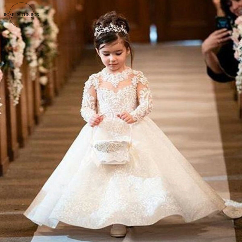 Cheap Ivory Long Sleeve Ball Gown Lace Flower Girl Dresses 2023 Bow Tie Back Sequins Princess Girls Dress Robe Princesse Enfant