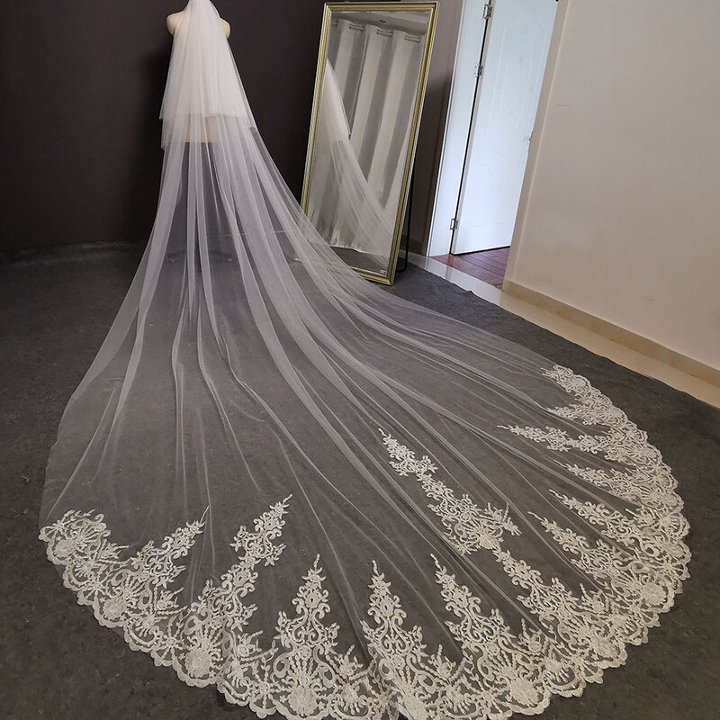 Fotos reales 2 T velo de novia de encaje largo 4 metros blanco marfil velo de novia con peine colorete tocado de novia accesorios de boda