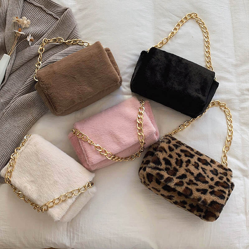 2021 Leopard Print Thick Chain Shoulder Bags for Women Luxury Designer Handbag Plush Small Square Bags Female Underarm Hand Bag
