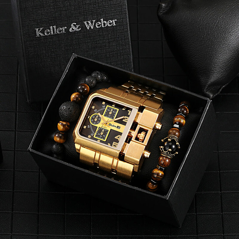 Reloj de pulsera informal para hombre, esfera supergrande, de cuarzo, militar, de lujo, de acero inoxidable, dorado