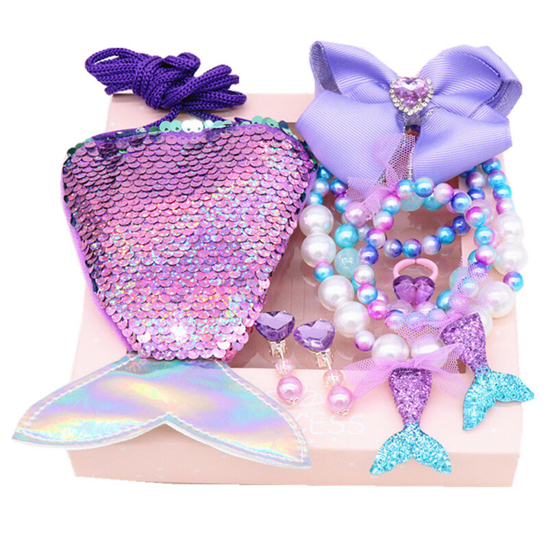 Ensemble d'accessoires de bijoux de sirène pour filles, sac à main à paillettes, collier, bracelet, nœud, pince à cheveux, boucle d'oreille coquillage, cadeau de princesse Elsa