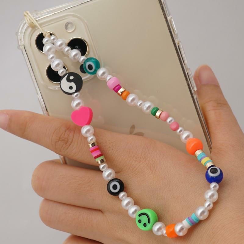 New Boho Charm Round Tai Chi Pattern Polymer Clay Pearl Mobile Phone Chain Lanyard Anti-Lost Acrylic Beads Mobile Phone Chain