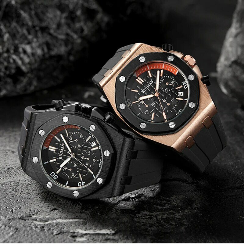 Stainless Steel Military Sport Watch for Mens 3 Eyes Silicone Starp Quartz Clock Top Brand Male Wristwatch Waterproof Relogio