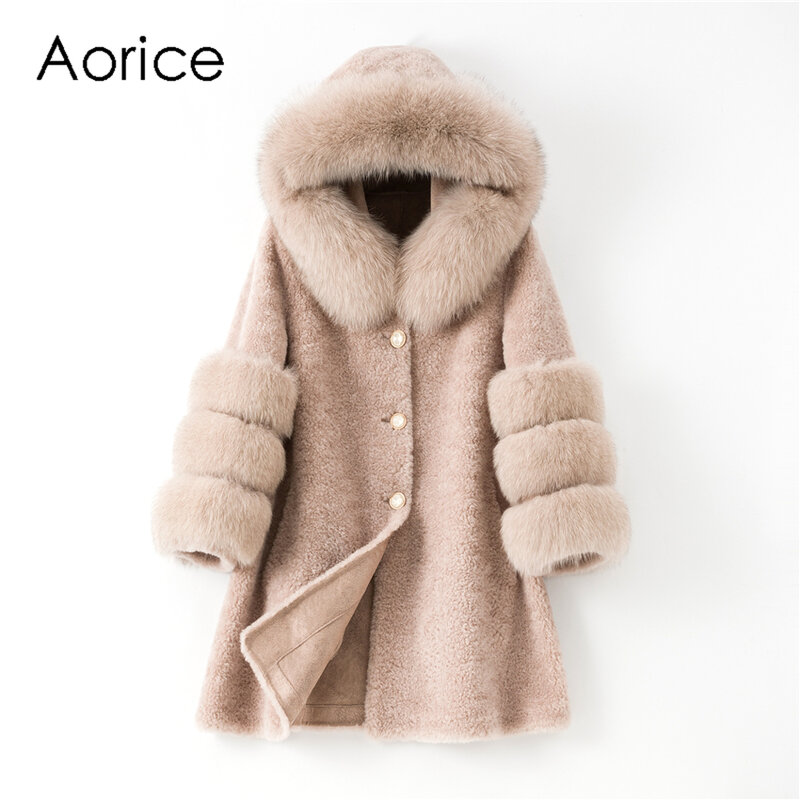 Aorice-진짜 여우 모피 칼라 후드 자켓 코트 여성용, 울 모피 롱 파카 플러스 사이즈 코트 자켓 H215
