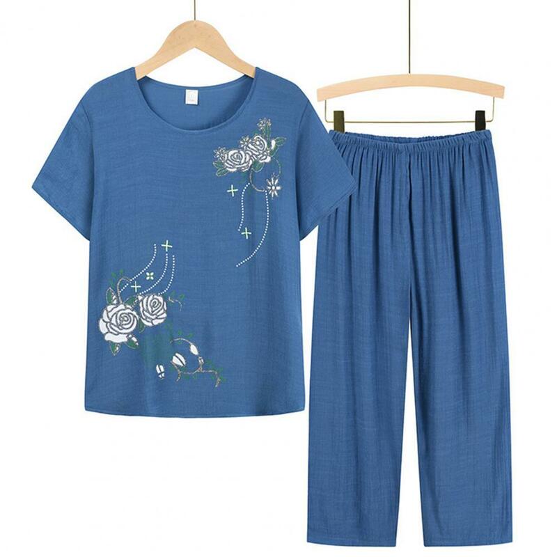여성용 반팔 바지 투피스 세트, 우아한 꽃무늬 프린트 정장, 루즈한 티셔츠, 중년 복장, 여름